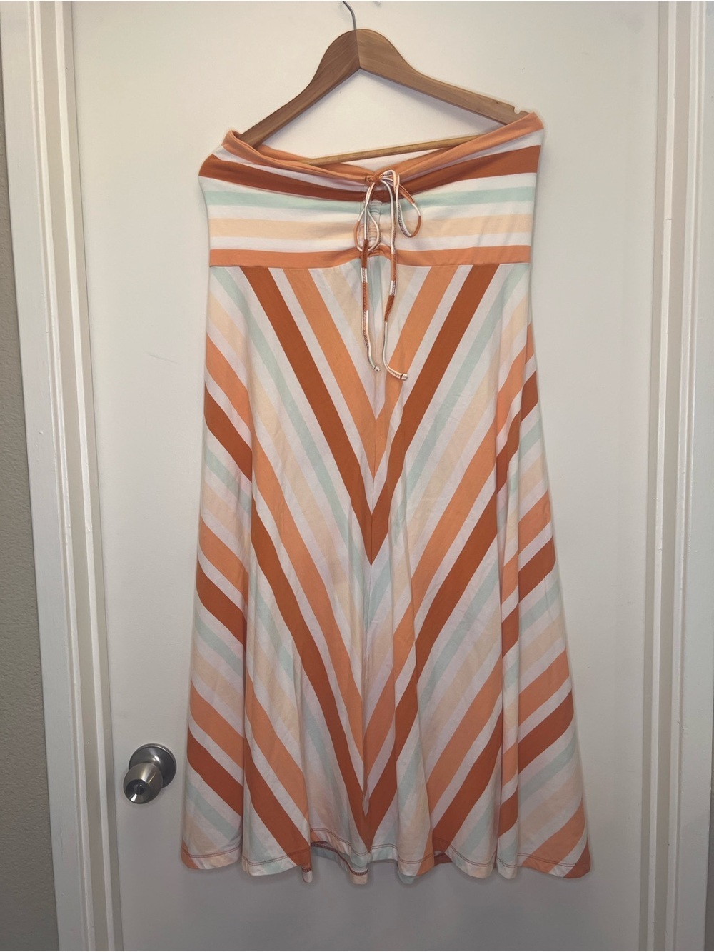 Patagonia Strapless Midi Halter Dress Orange Stripe Cotton Tencel Summer Travel